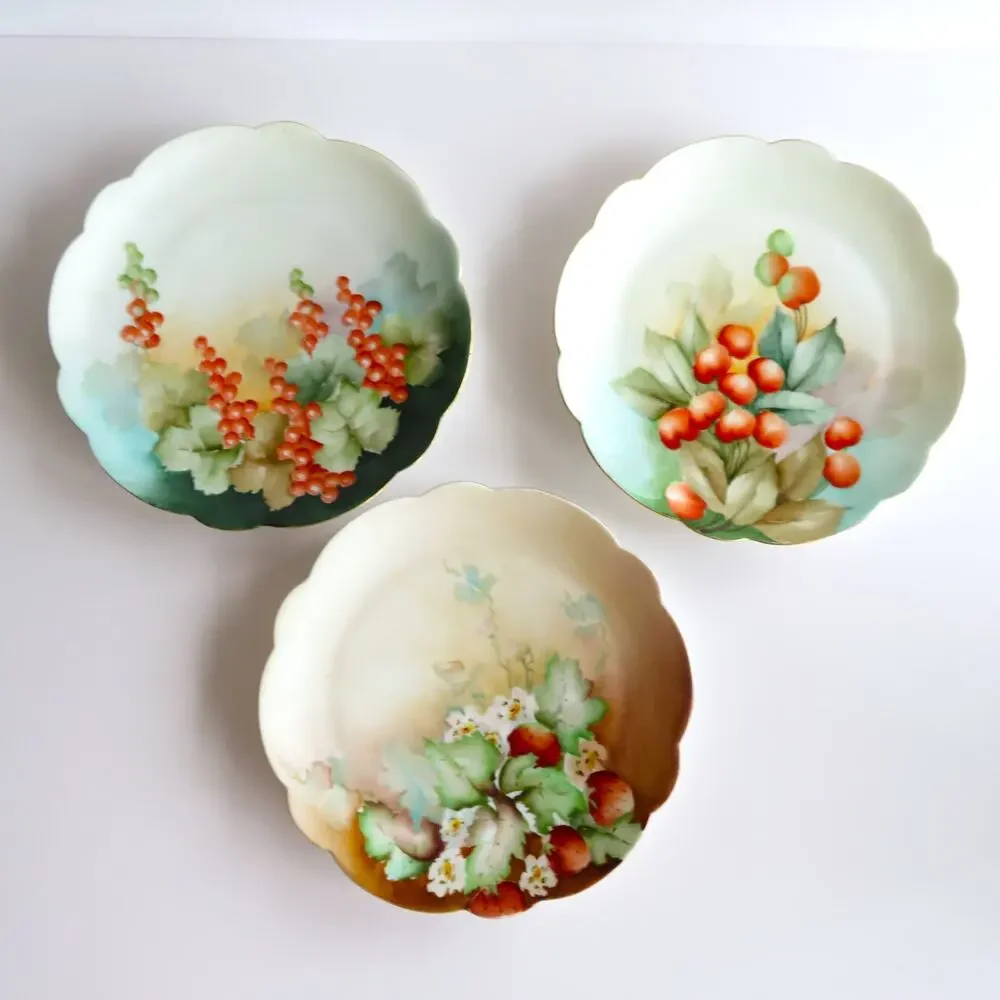 Antique Austrian Porcelain Plates Set 3 Vienna Austria Mark Hand Painted Berries